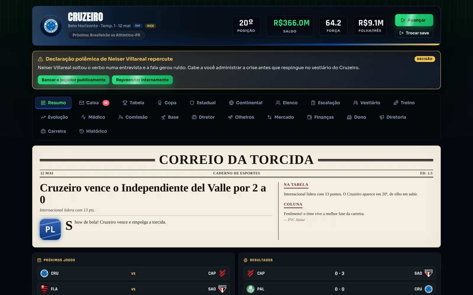 FutManager — painel de carreira